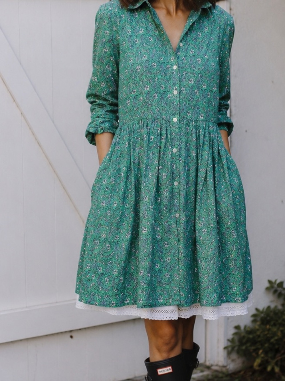 J. Crew Green Floral Long-Sleeve Button Dress with Lace